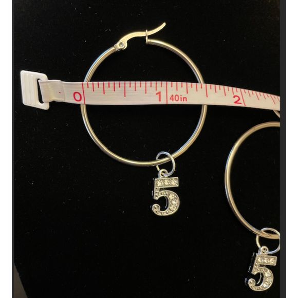 Silver Hoop Earrings with Rhinestone Crystal 5 Charms - Picture 2 of 4